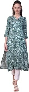 Aurelia Women's Green Floral Batik Printed Straight Kurta