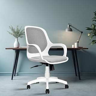 ROSE® Zaria | 3 Years Brand Warranty | Ergonomic mesh mid-Back Office Chair, Perfect for Study, Work from Home, revolving, Rolling Computer Desk Chair (White & Grey, Revolving)