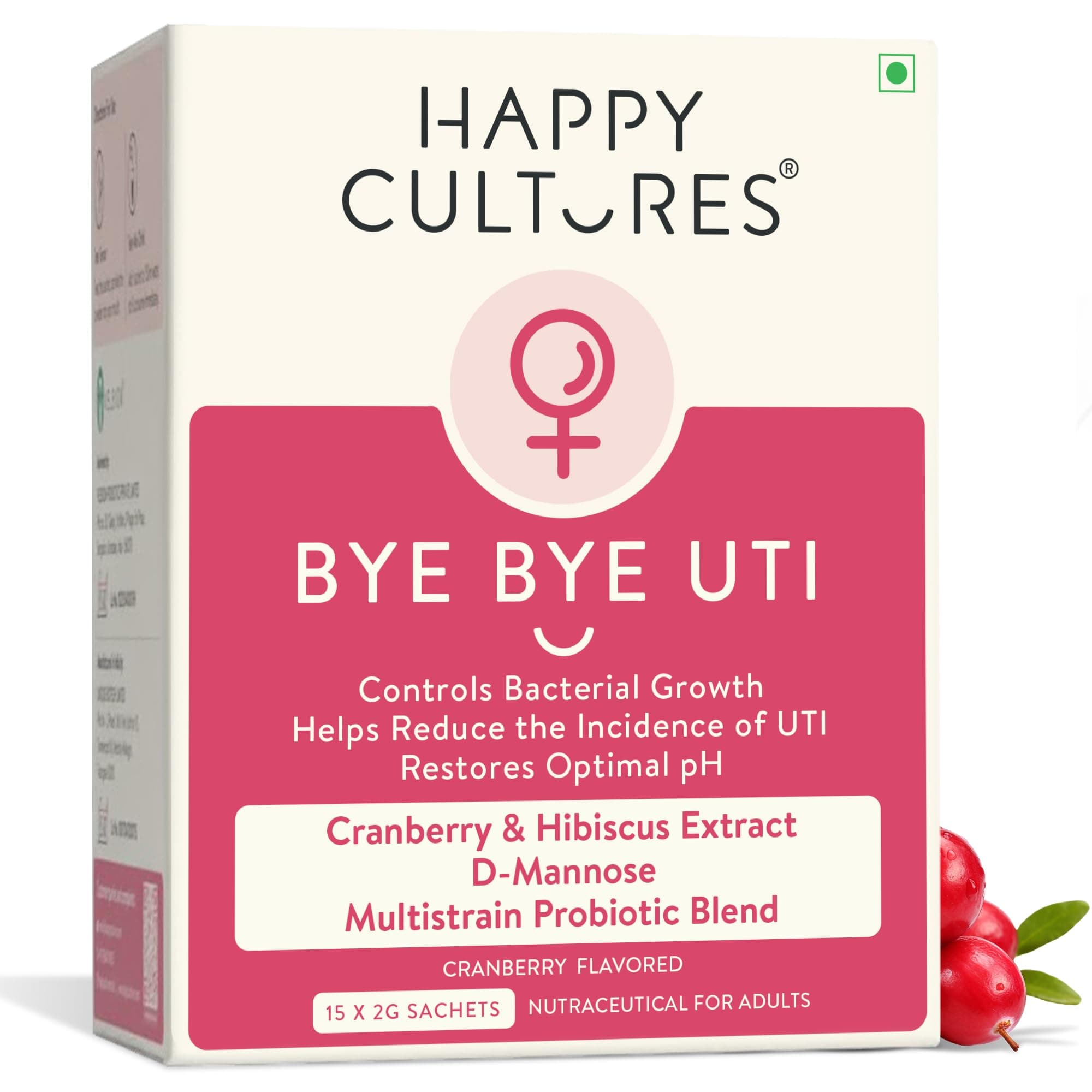 Happy Cultures Bye Bye UTI - Nutritional Supplement with D-Mannose, Cranberry Extract & Probiotics - Fast-Acting Relief & Prevention for UTI - 90- day pack
