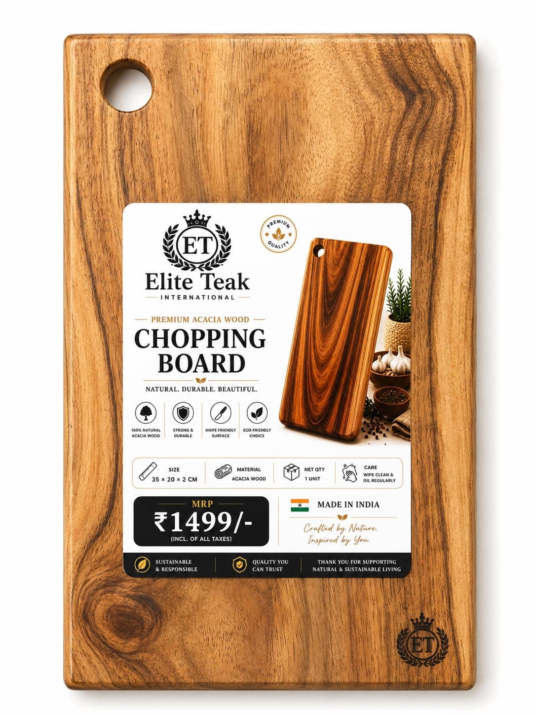 Premium Acacia Wood Chopping Board | Single Solid Slab | Reversible | 100% Single Solid Acacia Wood | 2cm Thick | Reversible | Food Safe | No Joints