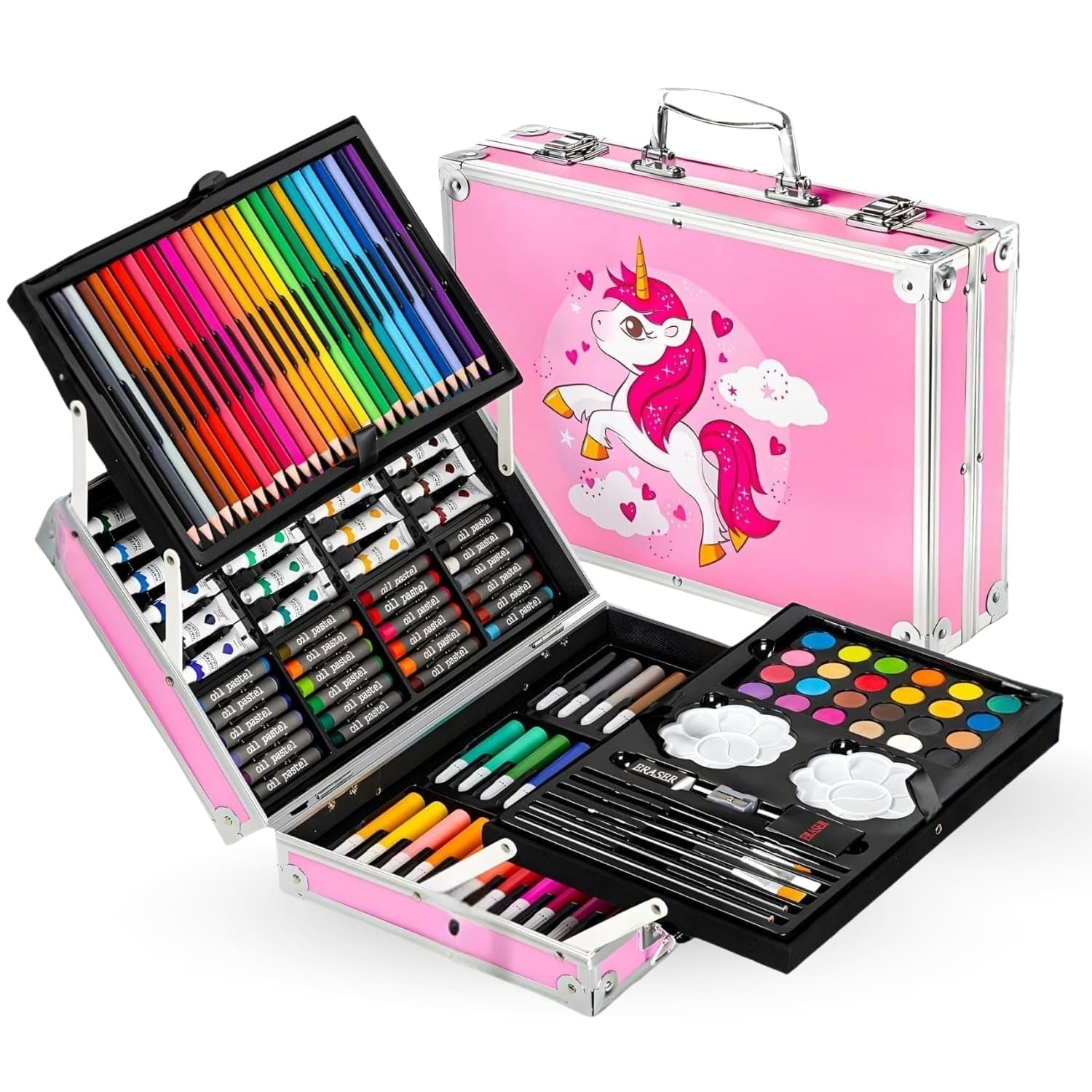 TOYTONIC 145 Pieces Art Set for Kids | Drawing & Colouring Kit with Oil Pastels, Watercolors, Color Pencils & Sketch Pens in Carry Case (Unicorn Theme)