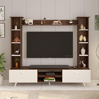 BLUEWUD Pinn Modern TV Unit/TV Stand/TV Cabinet Panel/Entertainment Center with Storage & Display Shelves for Books & Décor, Living Room Fits Upto 60 Inches - (Brown Maple/White) (Pinn TV Unit)