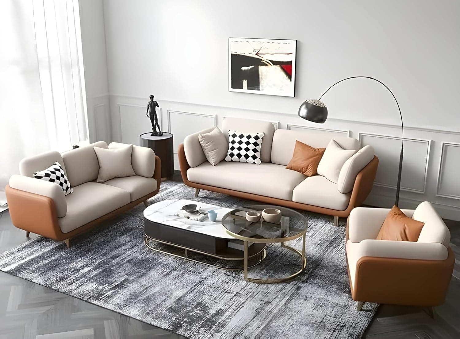 WESTERN WOOD ART Modern Sofa Chesterfield Design with Stylish Wooden Legs Bouncy Teddy Fabric Sofa for Bedroom, Living Room, Dining Room & Hallway-(6 Seater latheratte Brown & Beige).