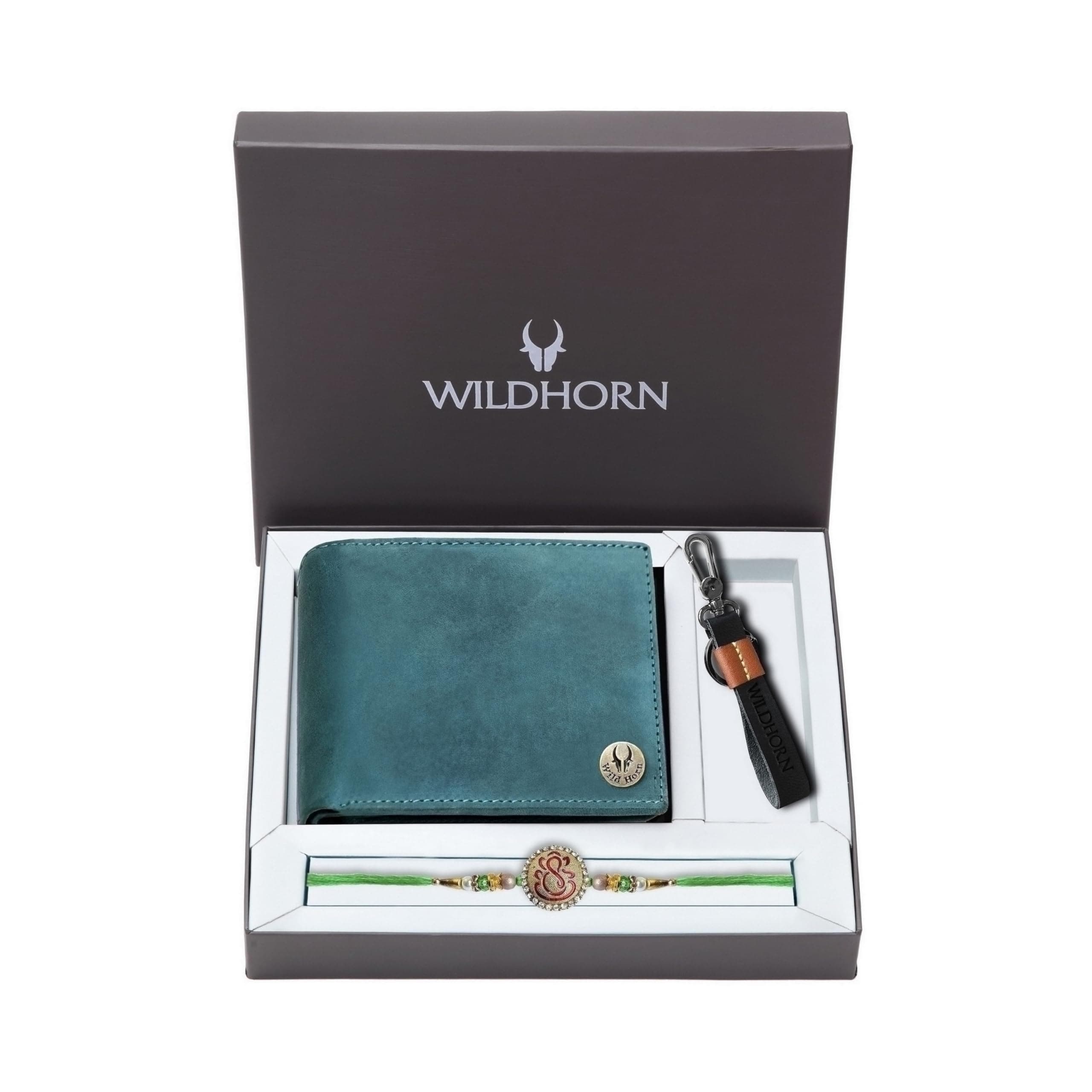 WildHorn Men Leather Hamper for Brother - Classic Combo/Gift Set of Wallet, Keyring and Rakhi for Brother/Bhaiya., Blue