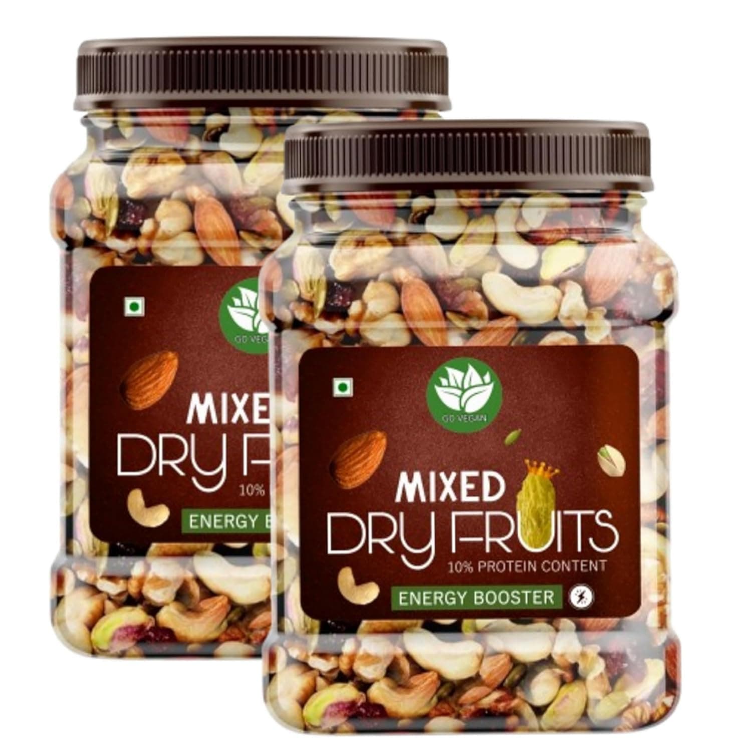 Go Vegan Healthy Nutmix 1Kg, Dried Almonds, Black Raisins, Cashewnuts, Cranberries, Black Dates & Many More Pack of 2 (500g Each Jar)