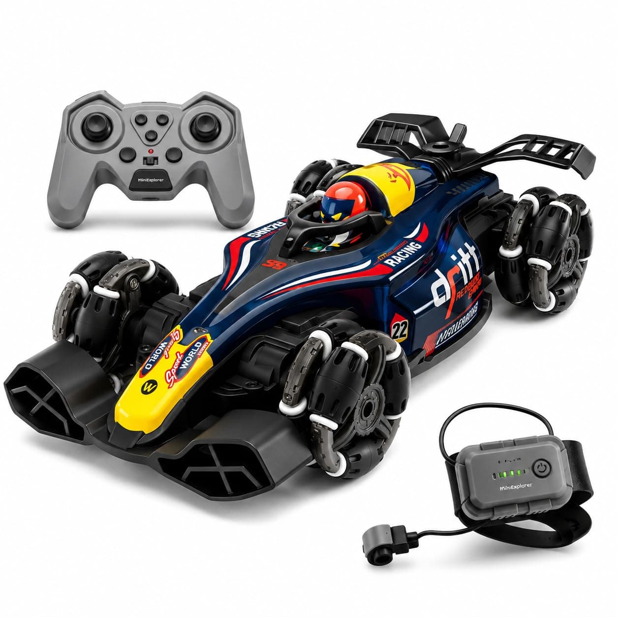 MiniExplorer RC 4x4 Formula F1 Drift Smoke Car 1:14 Scale | Hand Gesture Sensor & Remote Control | 2.4GHz High Speed Racing Car with 360° Spin, Lights, Music & Smoke | Toy for Boys & Girls 4+