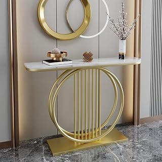 Brown Art SHOPPEE Luxury Living Room Modern Slate Console Table Hallway Narrow Side Table Entrance Coffee Table Home Furniture Coffee Console Tables for Living Room & Corridor Hallway (Gold & White)