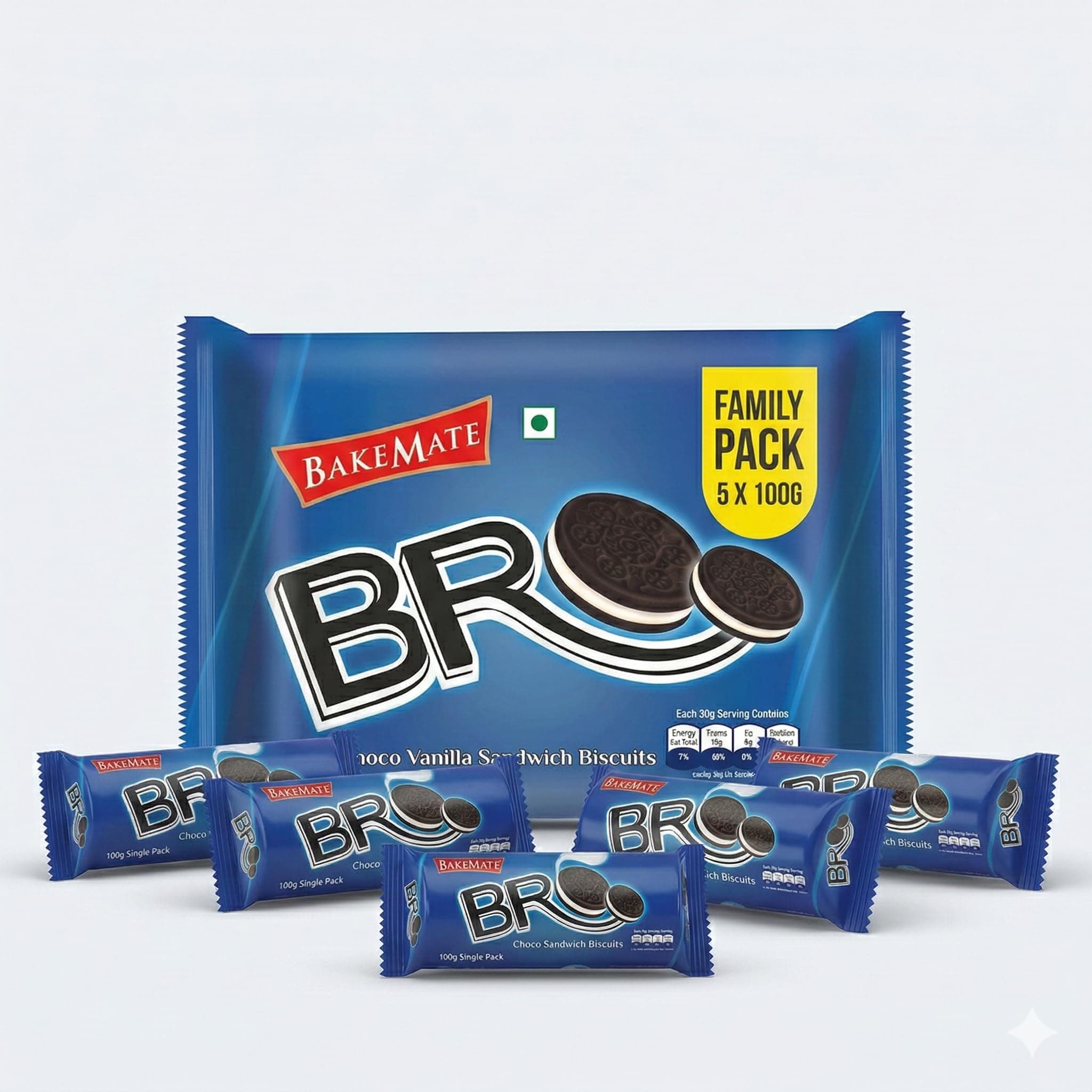 BakeMate BRO Choco Vanilla Sandwich Biscuits Family Pack - Combo Pack of 5 (100g Each) | Vanilla Cream Biscuit | Snack for Kids | Family Pack Sandwich Cream Biscuits | Tea Time Snack | Cookies Packs | Value Pack Biscuit