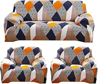 Sofa Cover 3 Seater and 2 Seater Fully Covered 5 Seater Cover Non-Slip Sticky Elastic Stretchable Sofa Set Imported Slipcover Protector Blend Geometric, Five Seater (3+1+1)