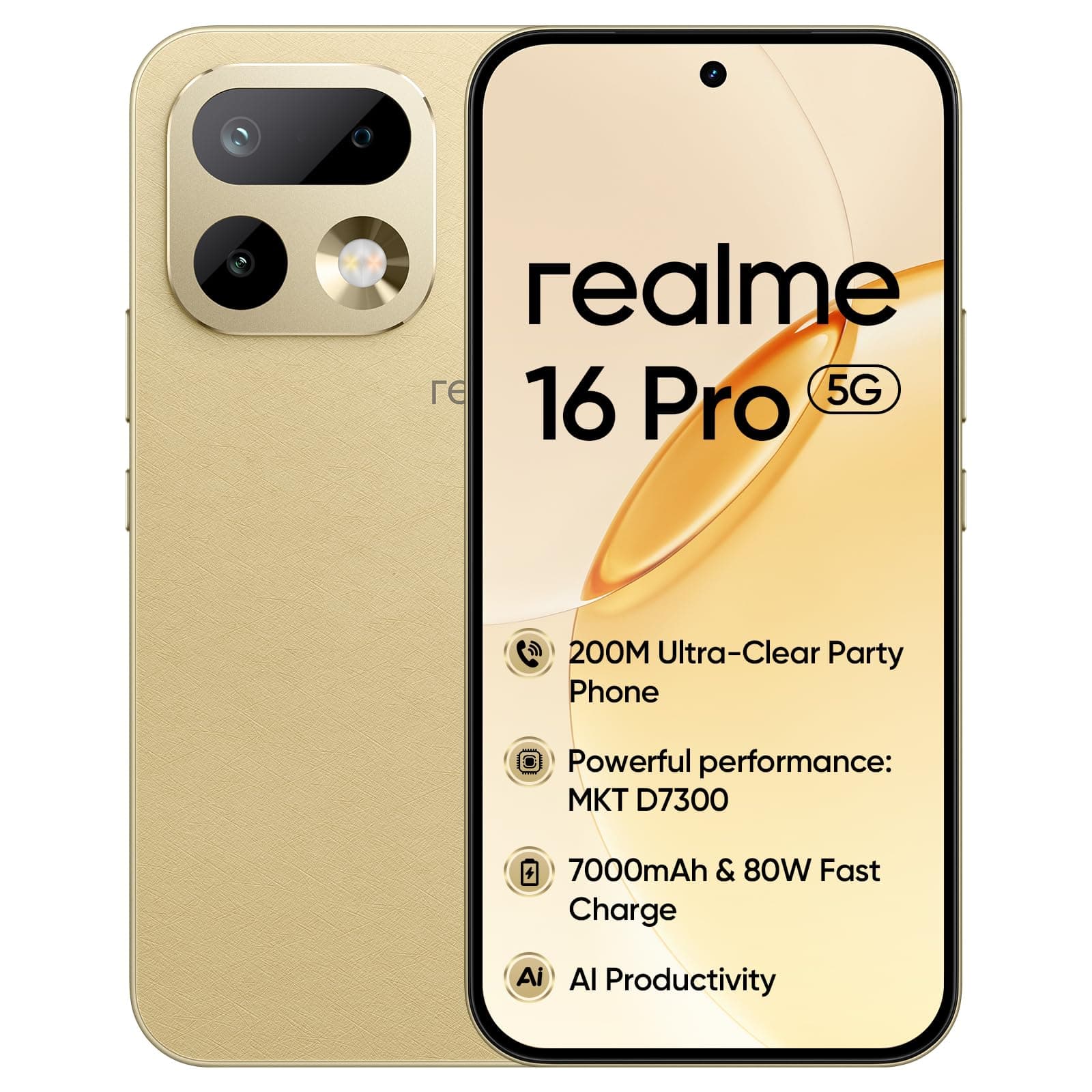 realme 16 Pro 5G, 8+128 GB, MediaTek Dimensity 7300 Max, Camera 50MP, Straight Display 6.78“144Hz, Battery 7000mAh, Master Gold