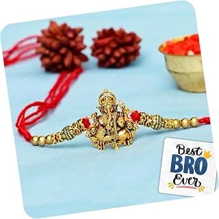 eCraftIndia eCraftIndia Golden Religious Designer Ganesha Rakhi with Red Thread and Roli Chawal Pack and Best Bro Ever Fridge Magnet - Rakhi for Brother, Bhaiya, Bhai