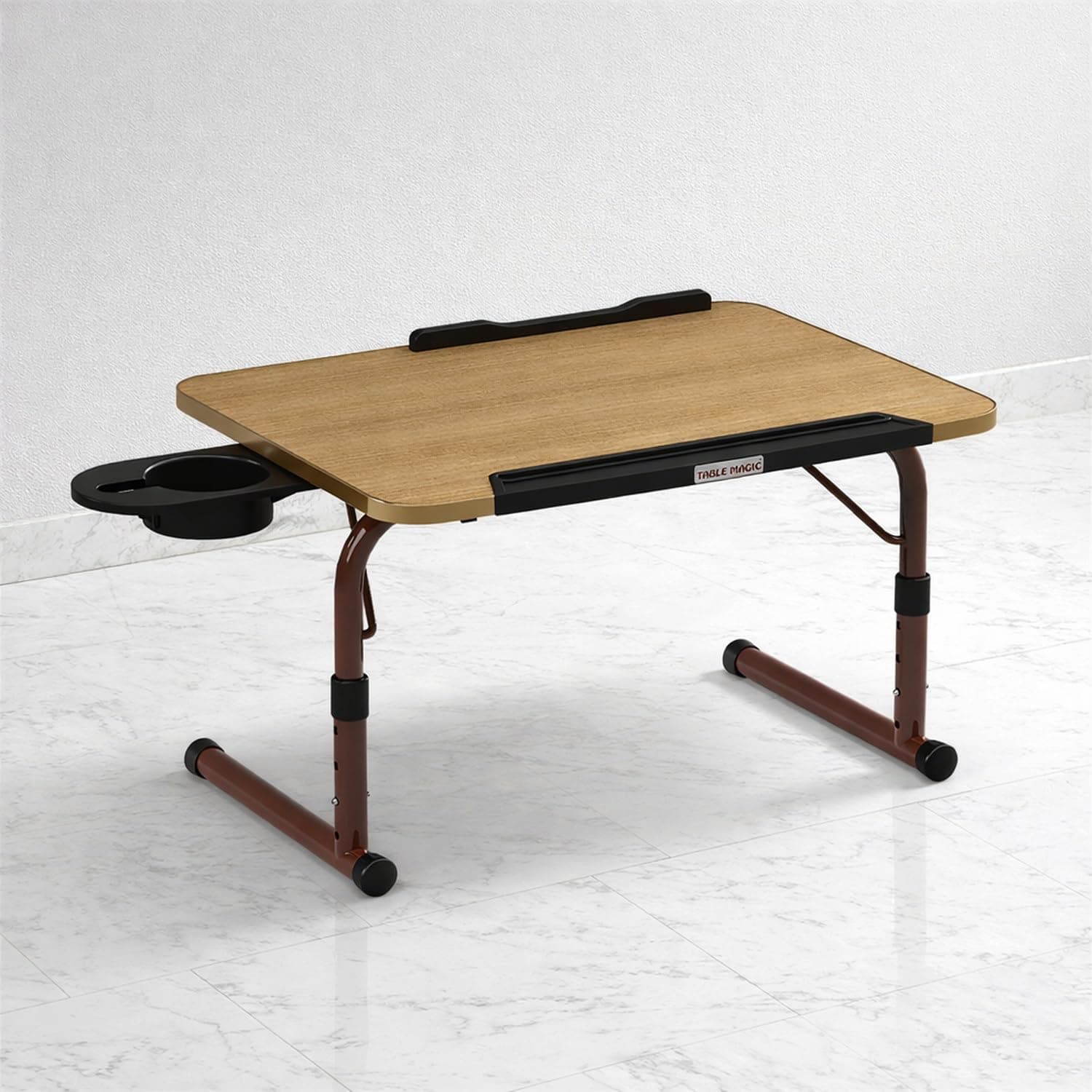 TABLE MAGIC IKON Bed Table for Studying | Engineered Wood 48x36 cm | Laptop Height Adjustable Table for Bed | Adjustable 28–35 cm Cantilever Lap Desk for Laptop & Reading Use | Golden Teak