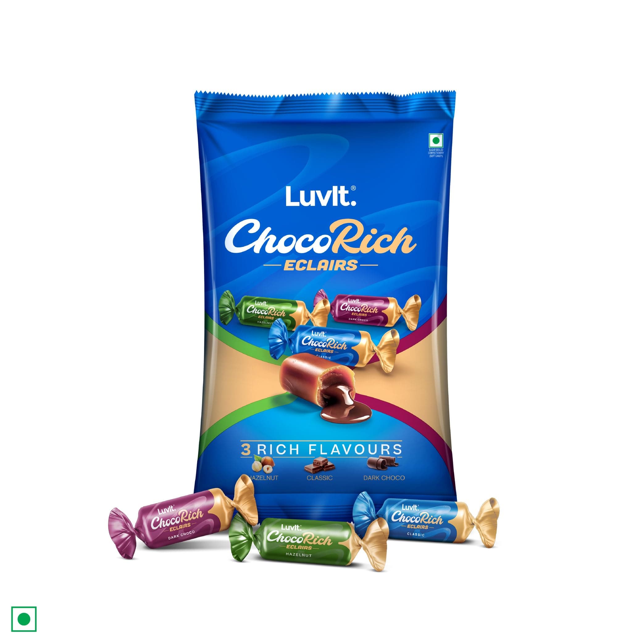 LuvIt. Chocorich Assorted Eclairs | Birthday Party Pack | Hazelnut,Dark Choco & Chocolate | 60 Units Per Pouch | Pack of 2-480 grams Each