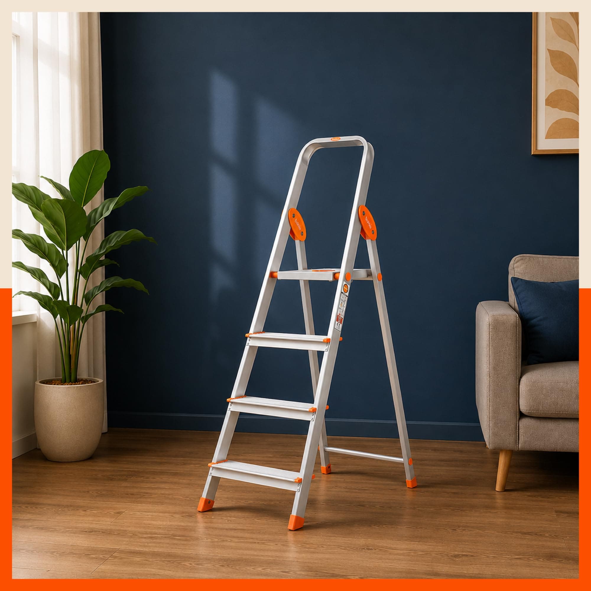 Bathla Advance 4-Step Aluminium Ladder | 150 Kg Load Capacity | Anti-Slip Steps | Sure-Hinge Technology | Home Use Step Ladder | 5 Year Warranty