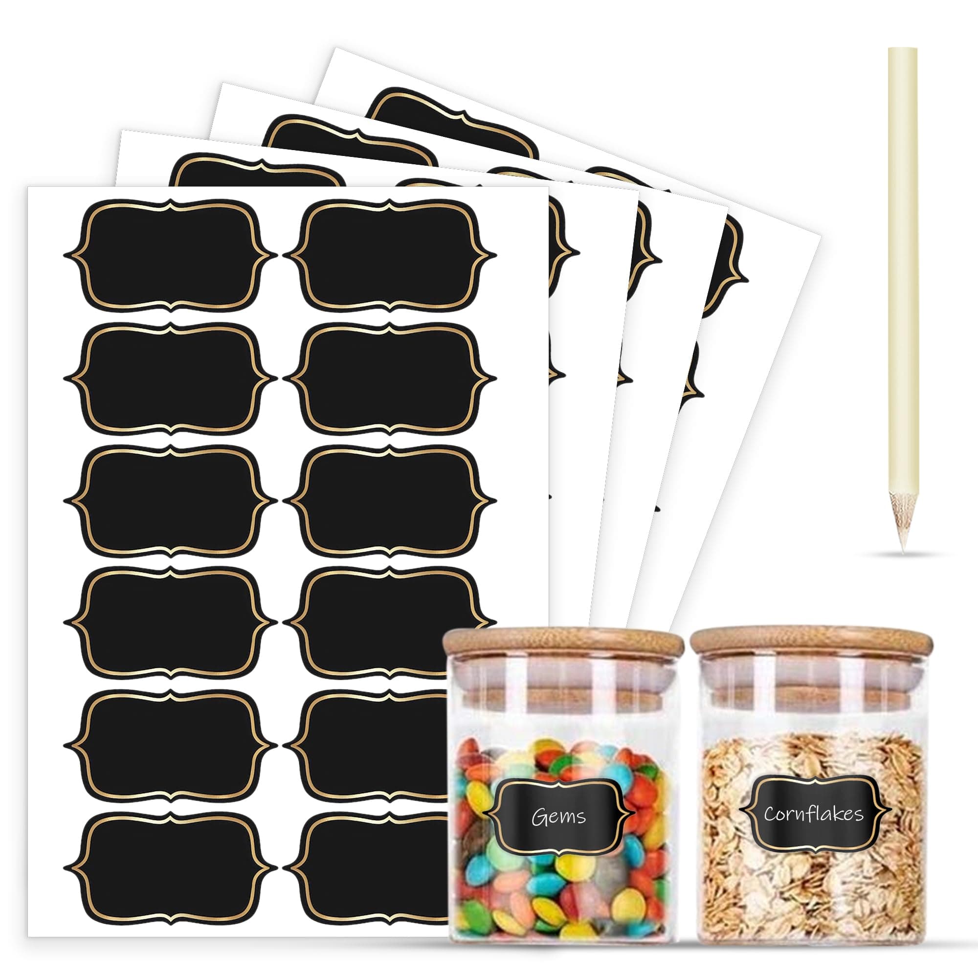 GLUN® 48 Pcs Gold Outline Black Jar Labels Stickers + Writable White Pencil Self Adhesive Kitchen Storage Stickers for Spice Jars, Containers & Bottles