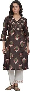 W for Woman Brown Floral Print Cotton Straight Kurta