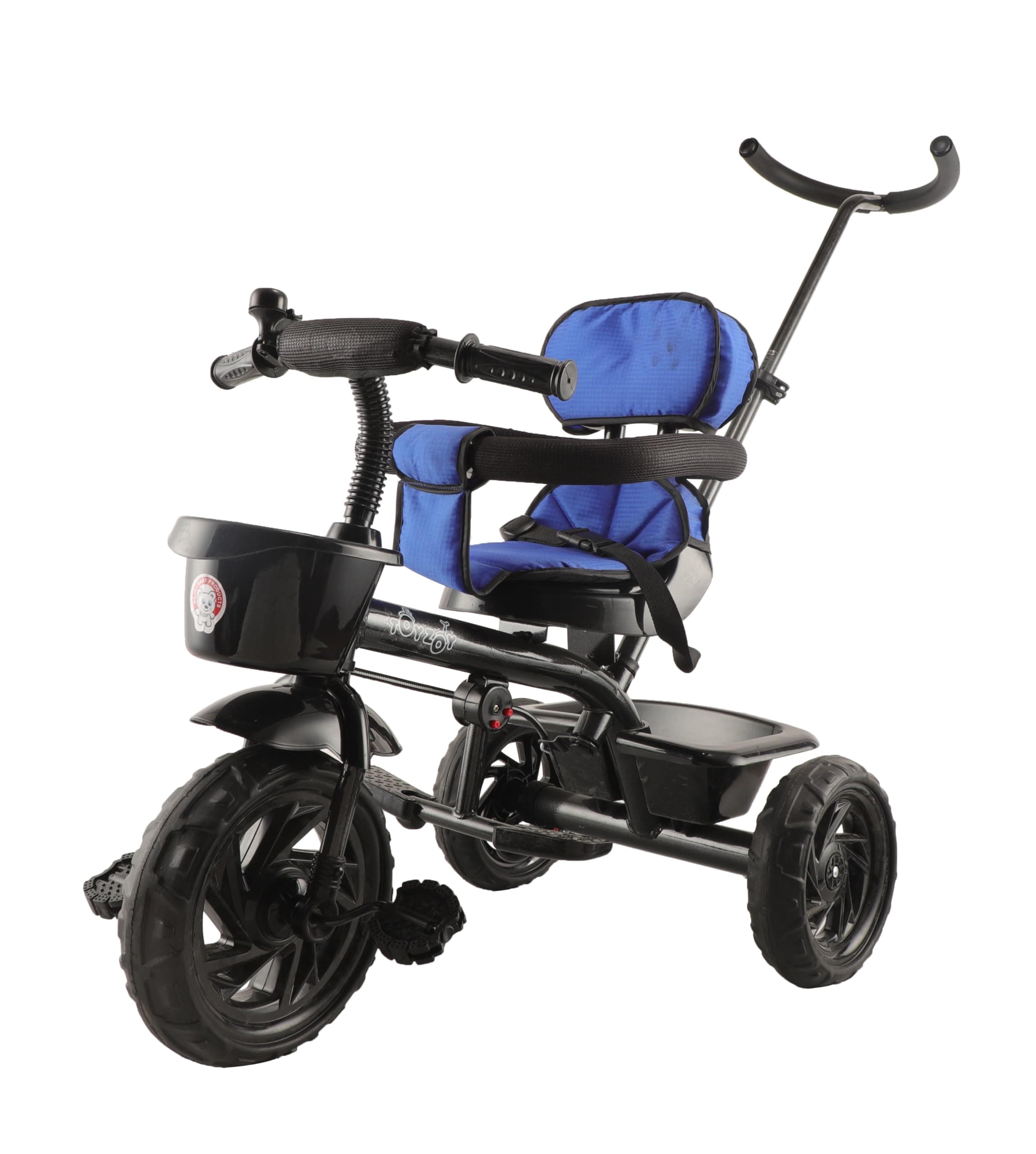 JoyRide Learn-to-Ride Trike on 3 Wheels with Safety Harness, Non-Slip Pedal,Storage Basket and Removable Parent Handle Blue