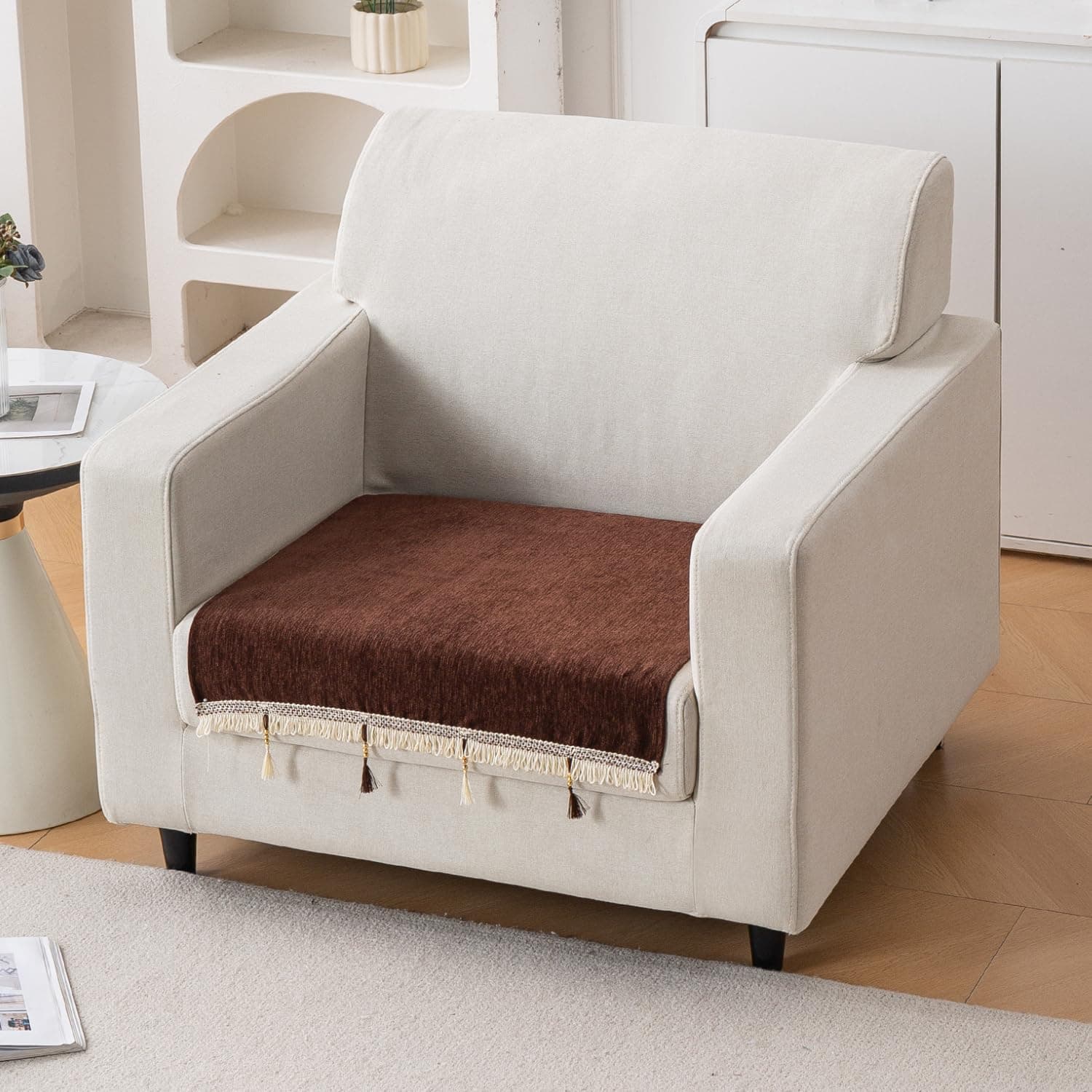 HOKIPO 'Serenity Tassel' Chenille 1 Seater Sofa Cover with Tassel – Chestnut Luke (NEW-IN-890-BR)