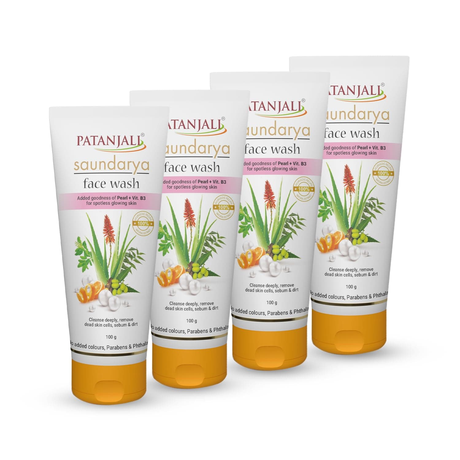 Patanjali Saundarya Face Wash, for Clean and Fresh Skin with Natural Ingredients for Daily Use 100g (Pack of 4)