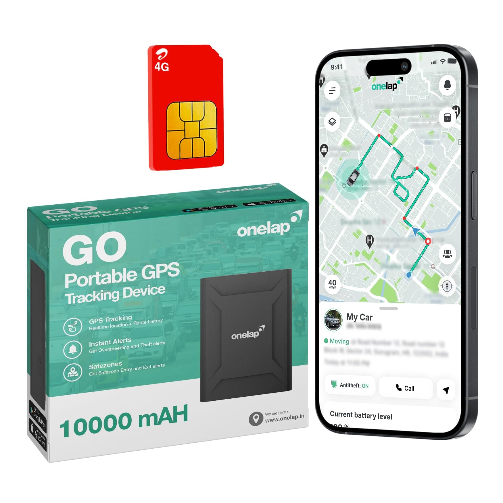 Onelap GO Wireless GPS (with 4G SIM) - GPS Tracking Device for Car, Vehicles, Luggage, Trucks | Live Location | Instant Alerts | 10000 mAH | Voice Monitoring | Magnetic Mount | 1 Year Android iOS app