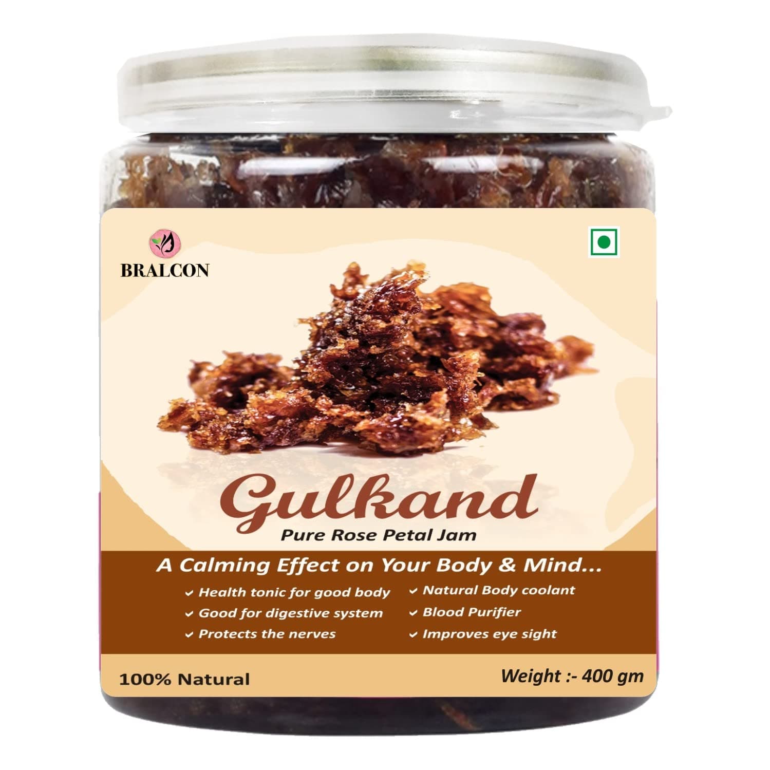 BRALCON Natural Gulkand Rose Petal Jam - 400g | Sun-Cooked Damask Rose Petals & Rock Sugar, Kesar Elaichi, For Paan