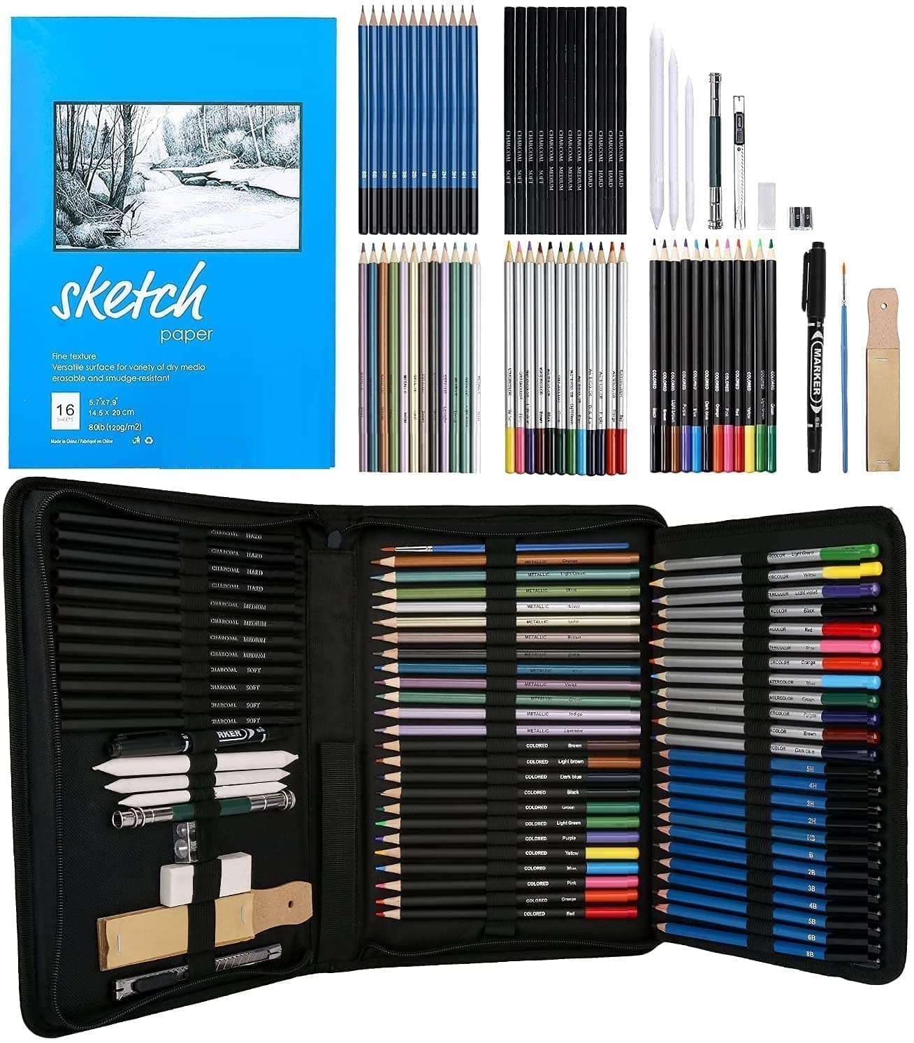 Wynhard 71 Pcs Colour Pencils Drawing Kit Sketch Color Pencil Set Sketch Kit Drawing Colour Pencil Shading Sketching Kit Water Colour Pencil Set for Artist Kids Adults,Multicolor
