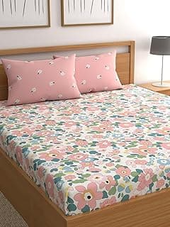 LOOMLYFE 300 TC Microfiber XXL Soft Cotton Super King Size Bedsheet for Double Bed, King Size 108 Inches X 108 Inches, 9 Feet, 275 X 275 cm with 2 Large Size Pillow Covers - PinkFlowers