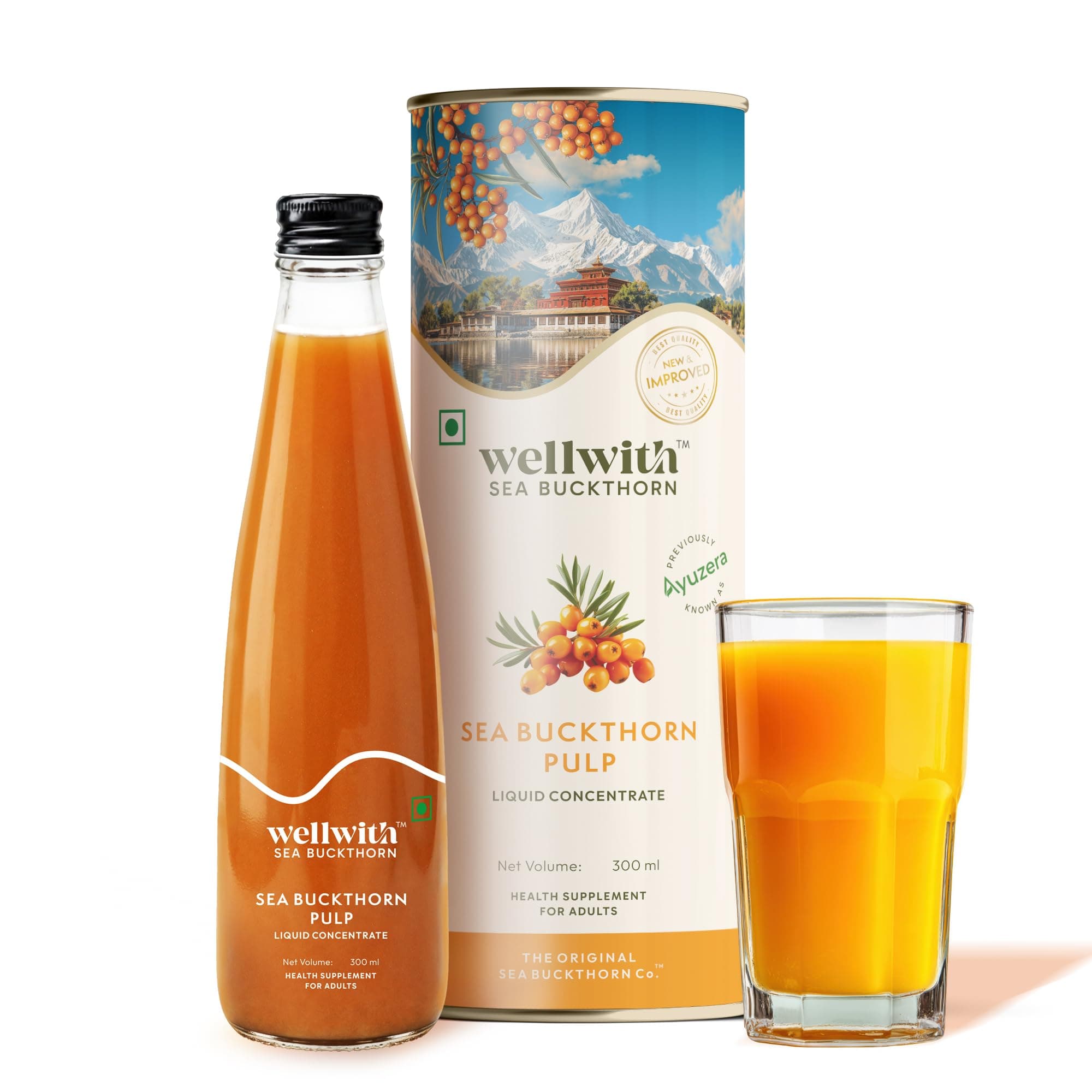Wellwith by Ayuzera Himalayan Sea Buckthorn Pulp 300ml | Cold Pressed Seabuckthorn Juice | Rich in Vitamin C, Omega 3 6 7 9 & Antioxidants | Supports Immunity, Skin & Gut Health