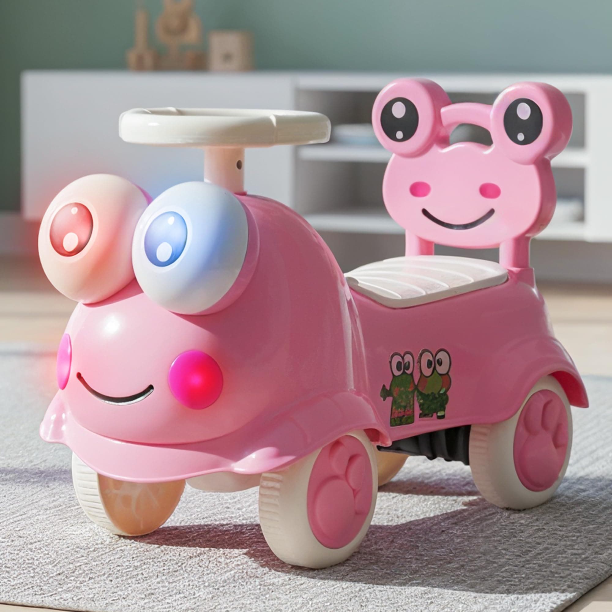 Baybee Kermit Ride on Cars for Kids | Indoor Baby Push Ride-ons with Glowing Lights & Safety Backrest | Portable Kids Car with Music & Toy Storage | Outdoor Rider Cars for Kid 1 to 3 Years (Pink)
