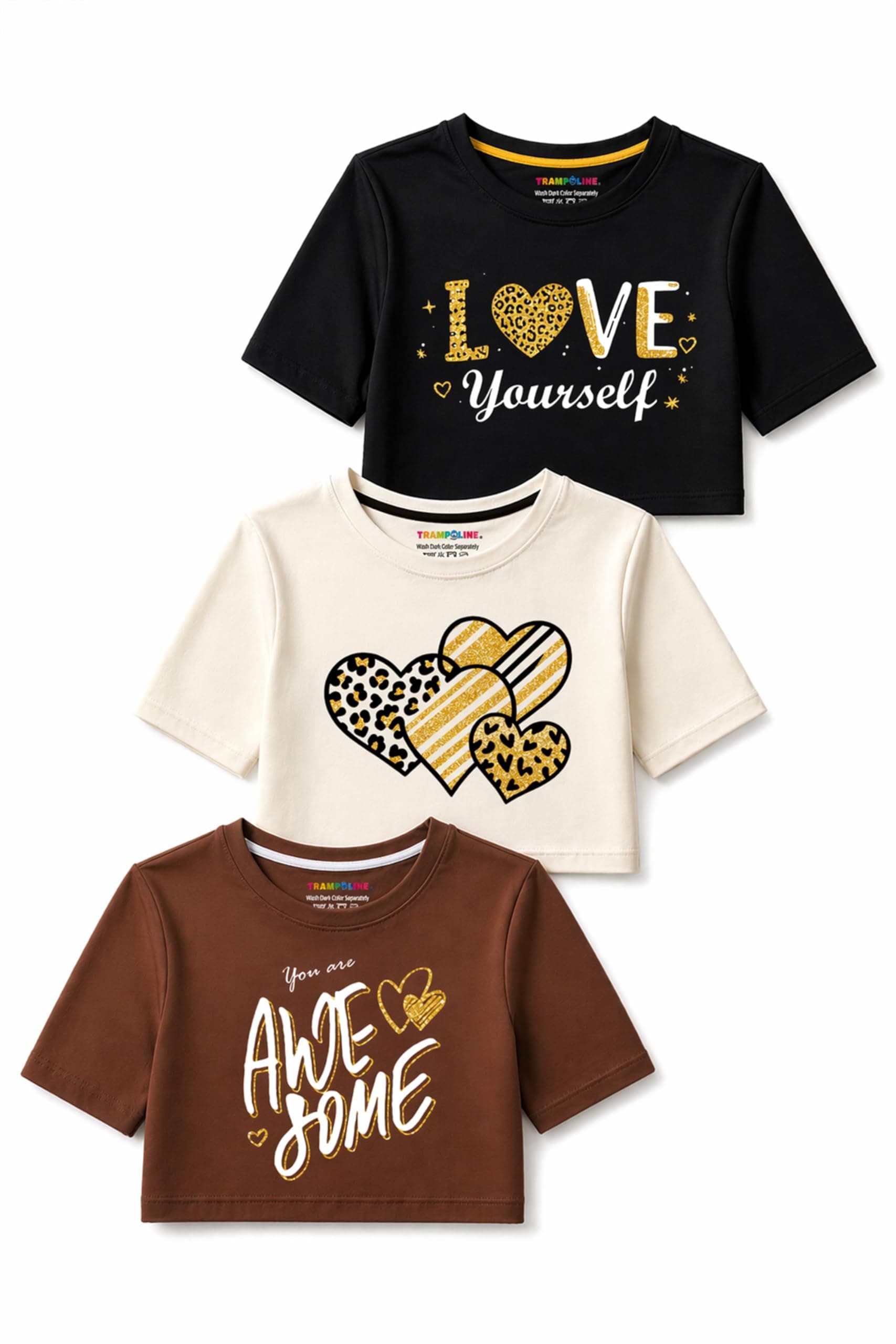 Trampoline Girls Pack of 3 Crop Tops | Cotton Blend Printed Graphic Half Sleeve Stylish Casual Wear Tops for Kids