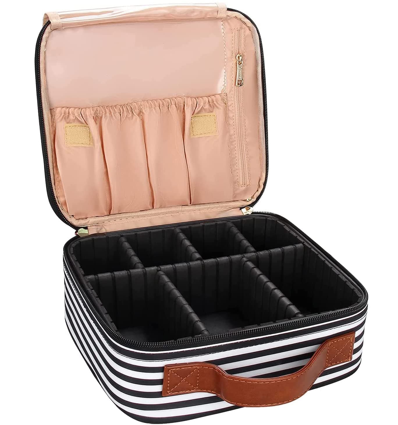 INOVERA (LABEL) Faux Leather Makeup Organizer Bag for Women, Girls & Bride - Travel Cosmetic Kit Storage Organiser - Toiletry Vanity Box with Compartment, 26l x 23b x 9h cm Black & White Strap
