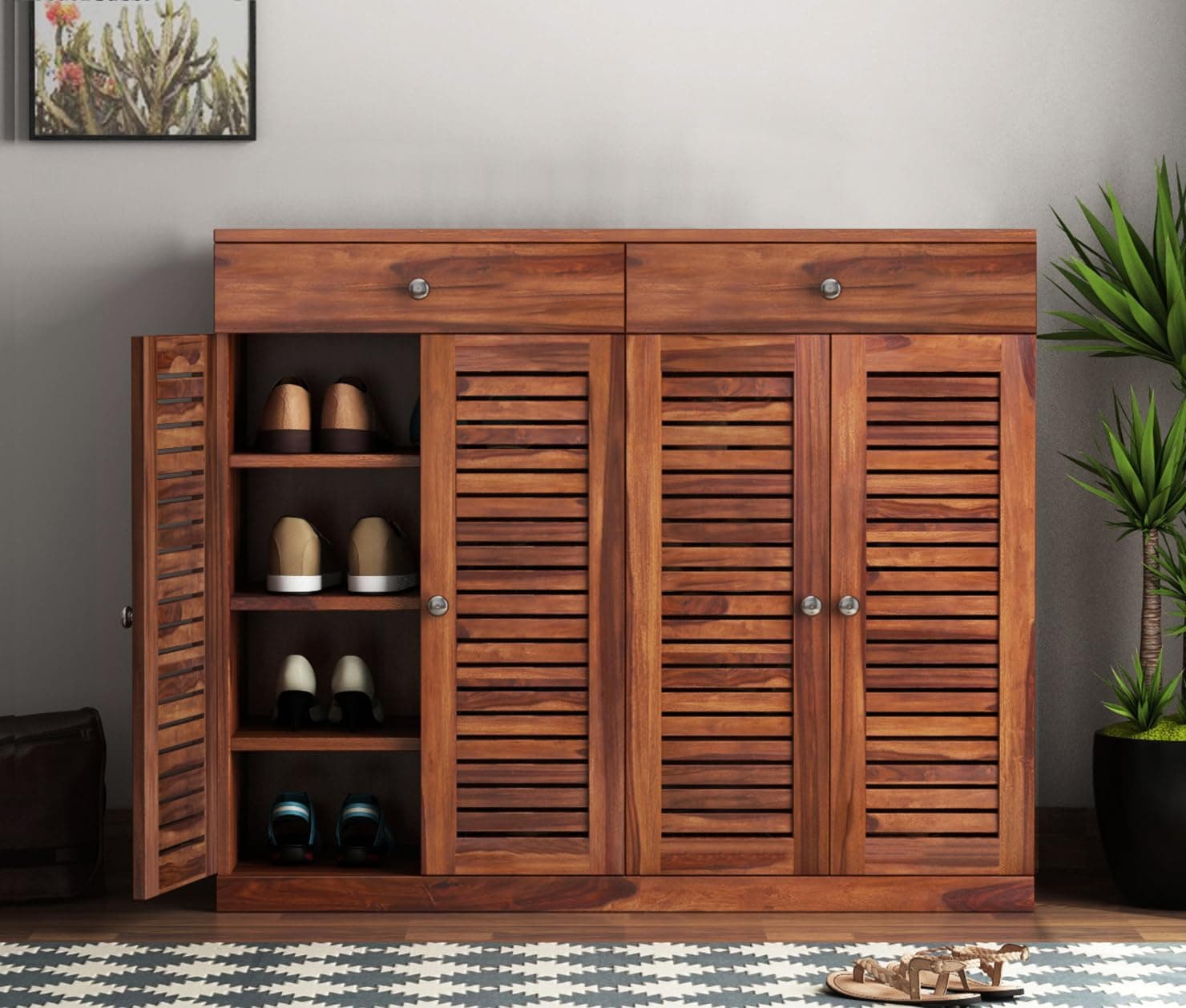 The Attic Lisbon Shoerack Honey, Shoe Storage Cabinet for Home, Shoe Rack with Seat & Door, Shoe Organizer, Shoe Rack for Home, Honey Matte Finish