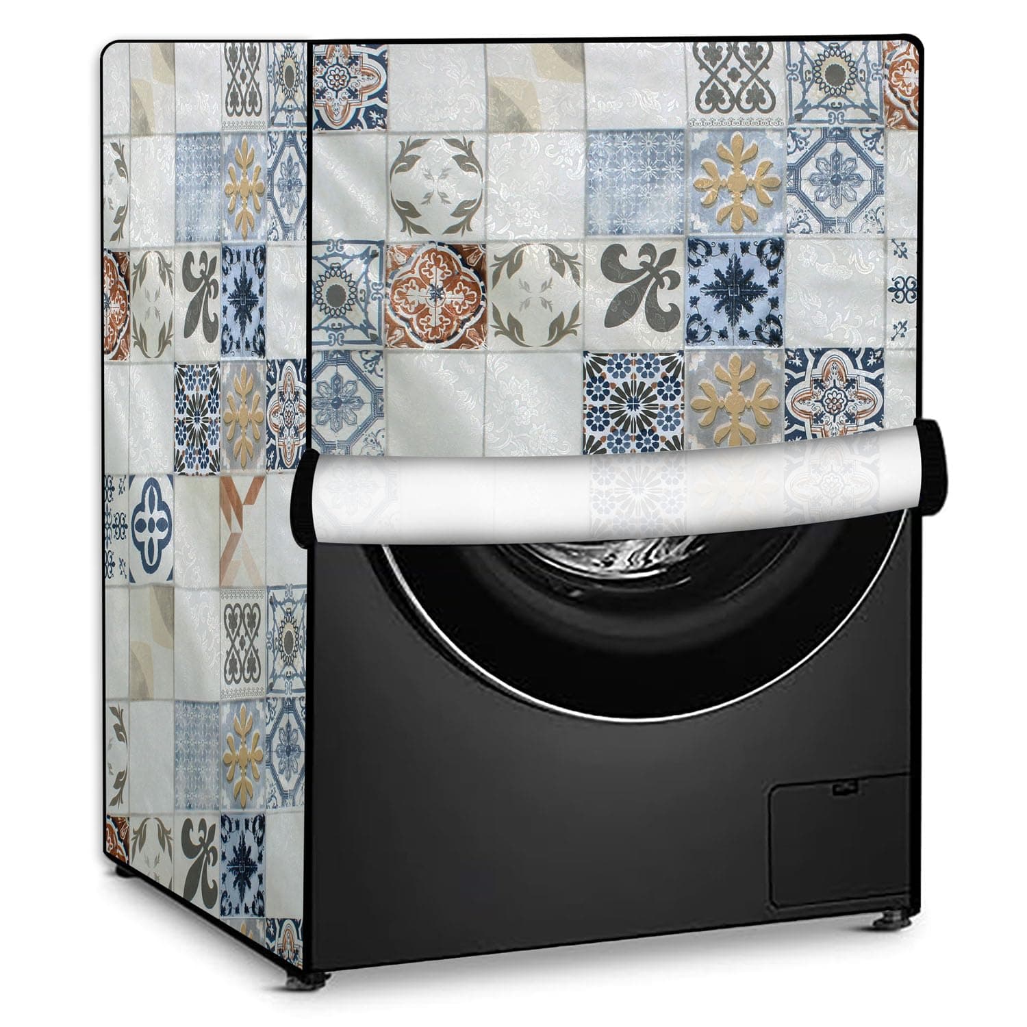 Stylista Waterproof and Dustproof PVC Washing Machine Cover Compatible for Samsung 12 Kg Fully-Automatic Front Loading WW12DG5B24AXTL, Mosaic Pattern Cream