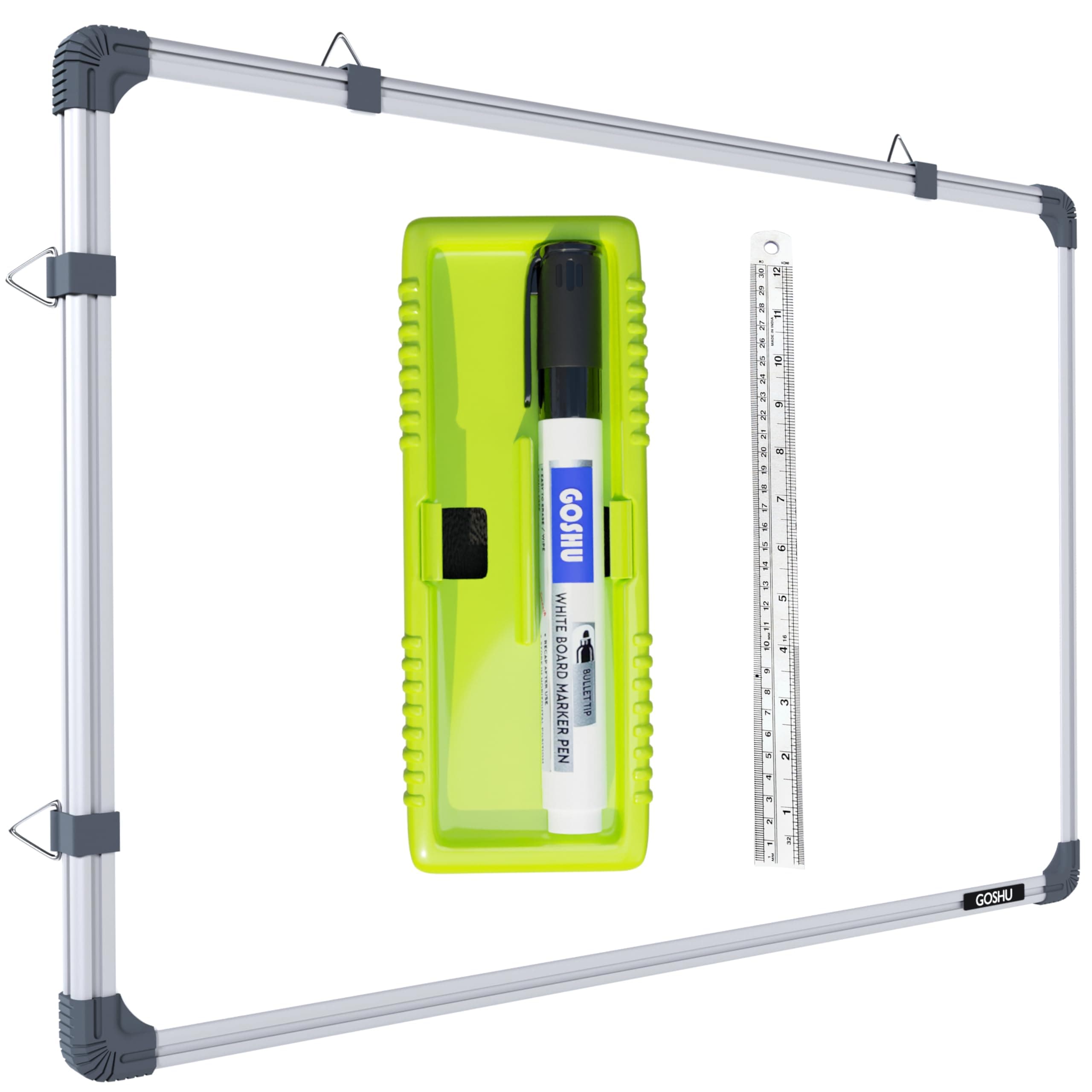 GOSHU Aluminium Non Magnetic White Board 3 Feet X4 Feet Double Sided White And Chalk Board Both Side Writing Includes White Board Duster,Whiteboard Marker And 30Cm Scale(3X4 Feet,Pack Of 4 Items)