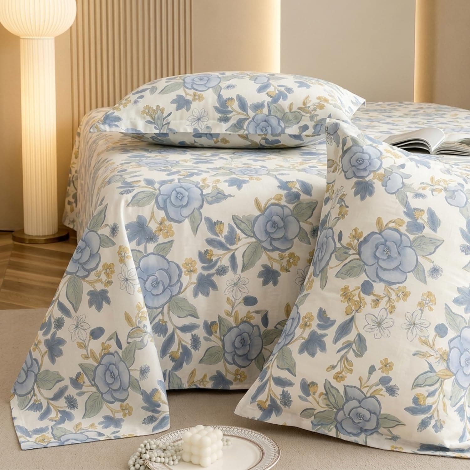 Marrow Lane 300 TC Soft Glace Cotton Double Bedsheet 228.6 x 254 cm | Garden Reverie Watercolour Floral Flatsheet with 2 Pillow Covers | Soft, Breathable & Durable Cotton Bed Sheet | Ivory & Blue