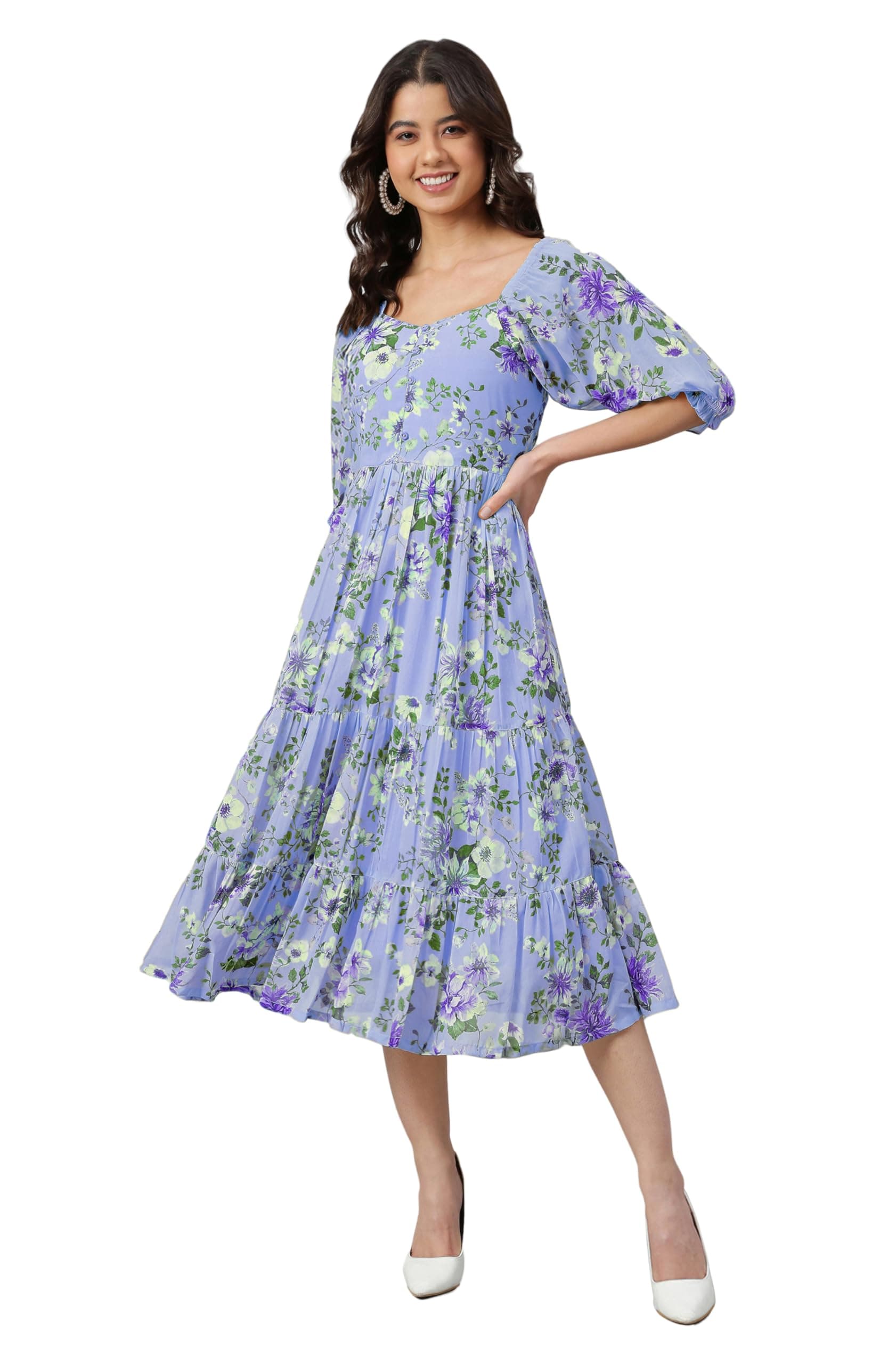 Janasya Women's Pink Georgette Floral Printed Tiered Dress