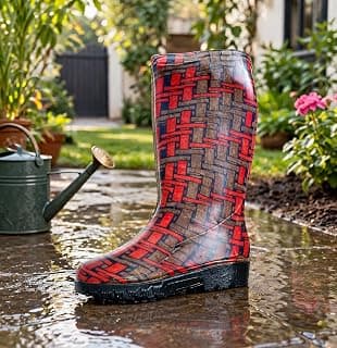 A. SHARIF A. SHARIF™ HILLTOP waterproof rainboot, garden boot, gumboot for women, soft toe, Height 13" (Size 6, BRN-Red) | PVC rain boots with anti-slip sole, fabric lining and 13-inch height for gardening, farming and rainy weather.