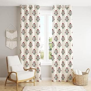 Trance Home Linen Floral Printed 100% Cotton 7ft Door & Window Curtains with Tiebacks | 60-65% Room Darkening Grommet Parda | Aangan Red, Set of 2