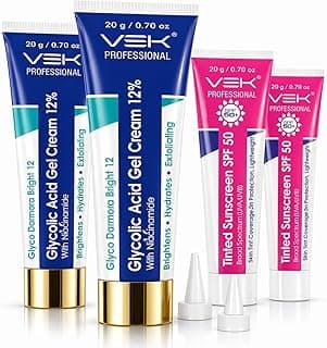 VSK Professionals12% Glycolic Acid Cream Gel for Brightning, Anti-Pigmentation & Melasma Acne, Pimples & Dark Spots | Unclogs Pores, Smooth Skin Care With PDRN SPF50 Sunscreen Combo | 4 Tubes 20g each (80grm)