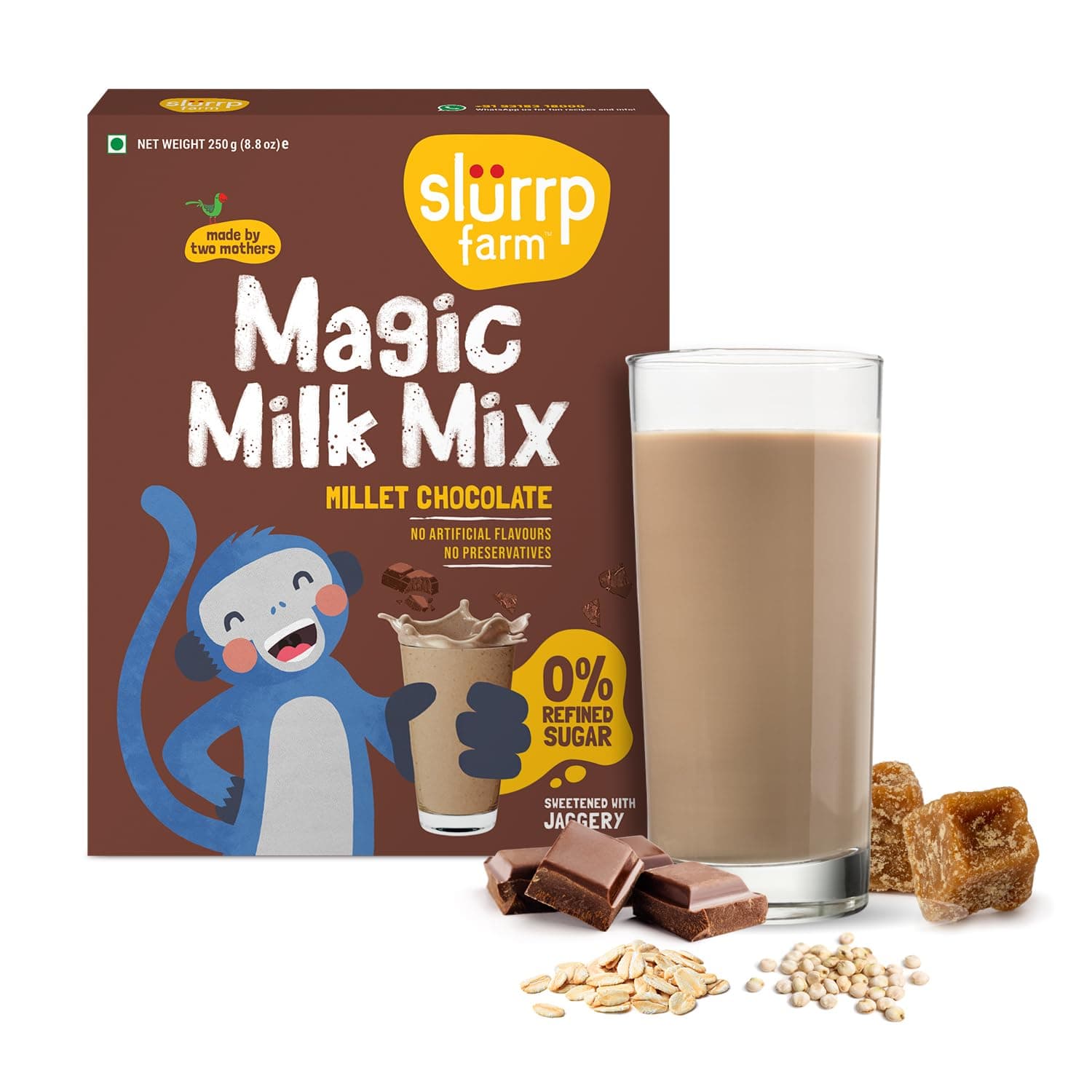 Slurrp Farm No Sugar Chocolate Nutrition Powder Milk Mix, Sweetened with Jaggery Powder, Contains Jowar and Oats, with 10 Essential Nutrients, 250 g