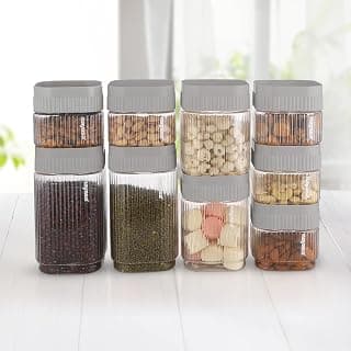 Nayasa Refresh Container Set of 9 | 500ml x 5, 750ml x 2, 1150ml x 2 | Transparent Airtight Plastic Jars | Stackable Kitchen Storage Containers | BPA Free & Reusable | Grey