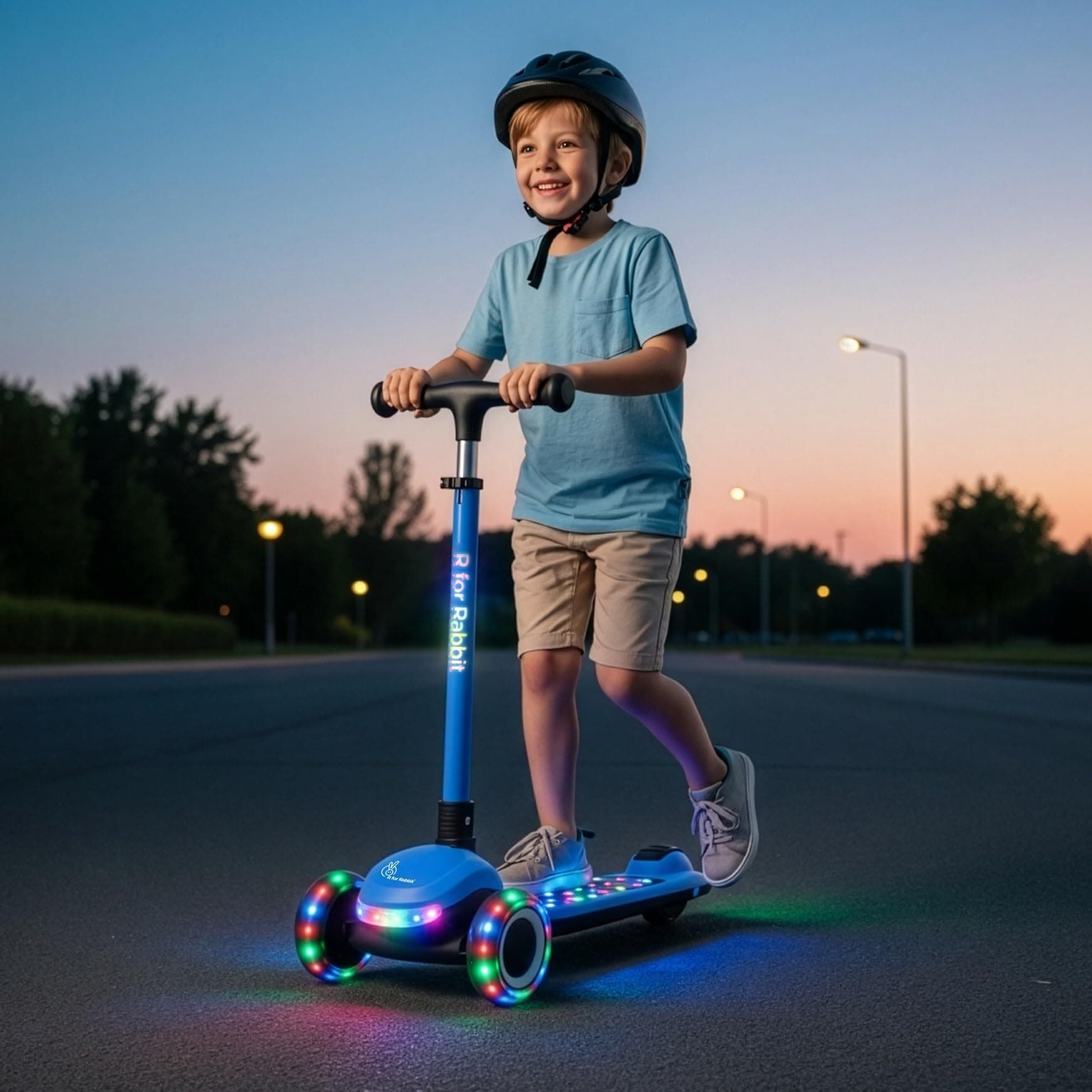 R for Rabbit Road Runner Jazz Foldable Kick Scooter for Kids with Music and Lights, 4 Level Adjustable Height, PU LED Wheels | Skate Scooter for 3+ Years Boys & Girls, Up to 75kg Weight (Blue Black)