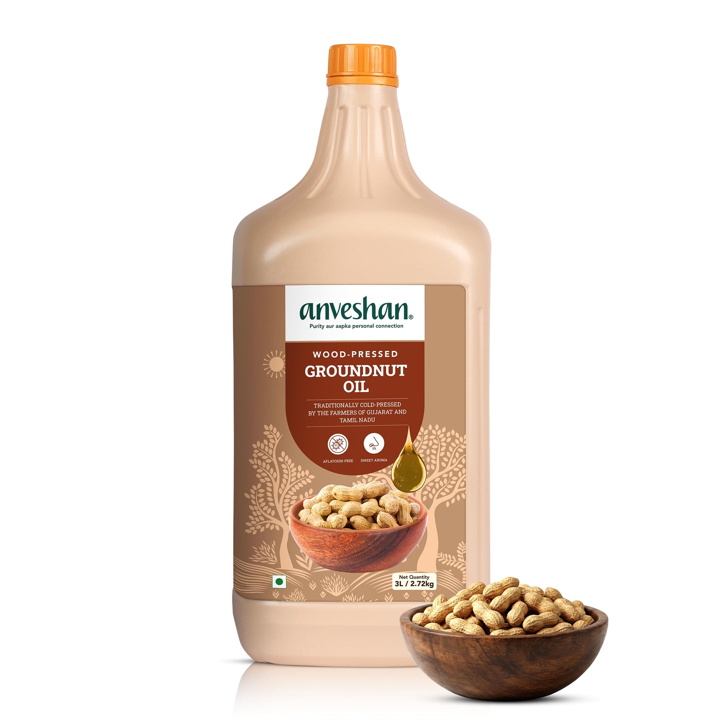 Anveshan Wood Cold Pressed Groundnut Peanuts Oil 3 Litre | HDPE Can | Kolhu/Kacchi Ghani/Chekku/Ganuga | Peanut Oil | Natural | Chemical-Free | Cold Pressed Groundnut Oil for Cooking