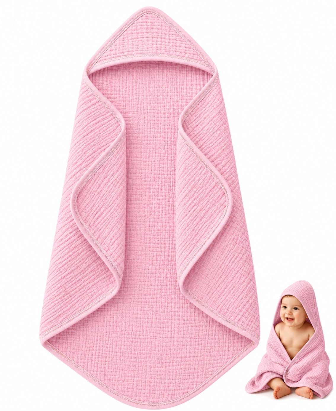 MomNess Hooded Baby Bath Towel, 100% Cotton Crinkled Muslin, Soft, Breathable, Highly Absorbent, Quick Dry, 30 x 30 Inch, Newborn, Infant & Toddler, 0–3 Years, Pink