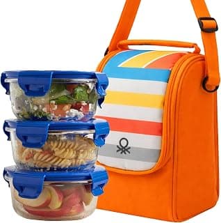 United Colors of Benetton United Colors of Benetton Lunch Bag Set with 3 Glass Containers | Insulated Leakproof Tiffin Bag for Office, School & Travel | Durable, Stylish, BPA-Free Food Storage Kit