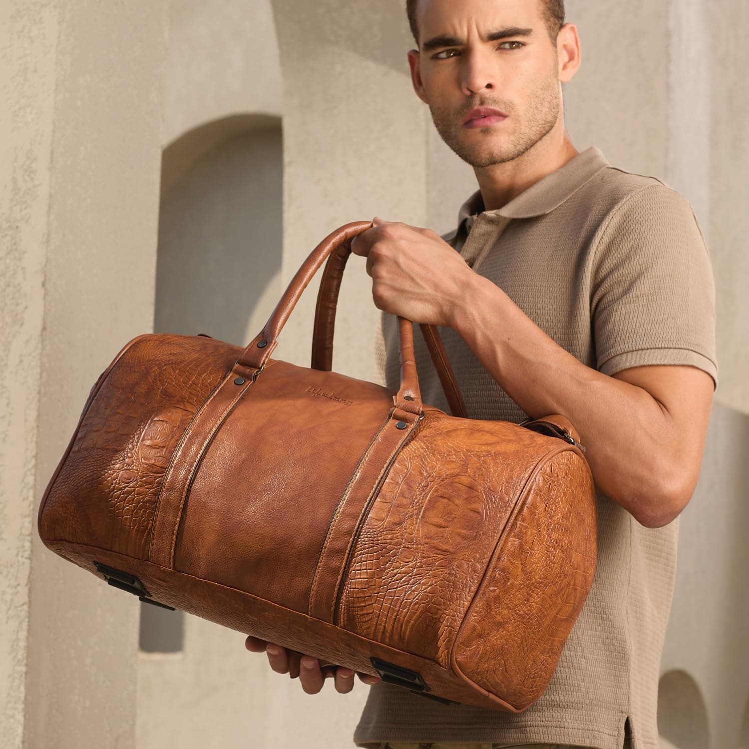 Lifelong Leatherette Stylish & Spacious Weekender Duffle Gym Bag | Stylish Travel Bag for Men & Women | Spacious Overnight Bag with Zip Pocket | Padded Handles | Carry-On Friendly (Tan)