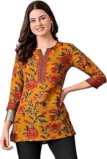 Amazon Brand - Tavasya Women Floral Printed Short Kurti | Round Neck with Slit Stylish Kurta | 3/4th Sleeve Modern Top | Regular Fit
