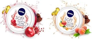 NIVEA Soft Playful Peach, Light Moisturizer Cream For Face, 200 Ml & Nivea Soft Light Moisturizer Cream, Peppy Pomegranate, With Vitamin E & Jojoba Oil For Face, Hands And Body, 200ml