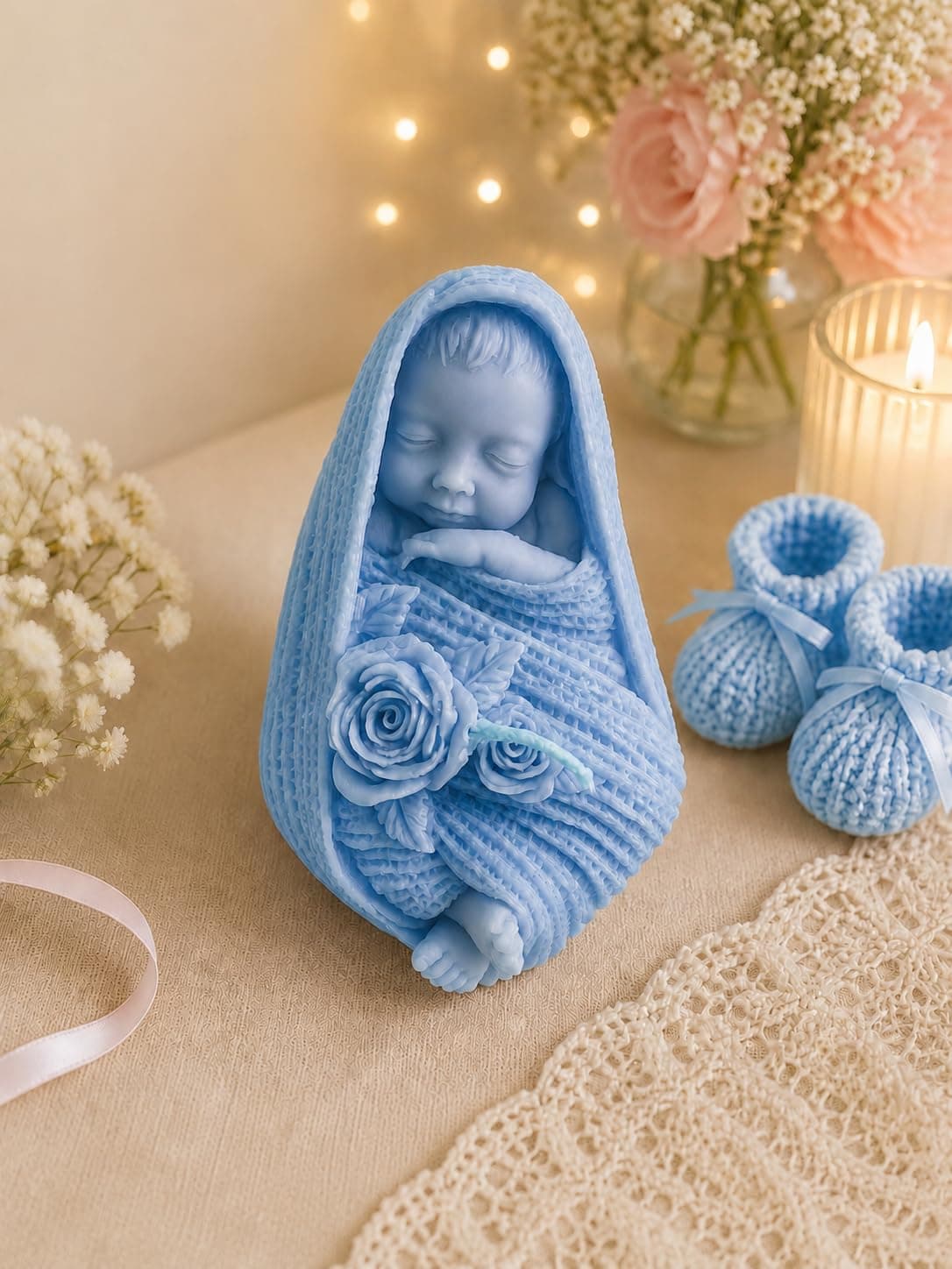 The Natural House Baby Shower Scented Candles, Baby Shower Decoration, Baby Theme Gift Set, Candles Packed in a Box with Thank You Card, Gift/Return Favor (Sleeping Baby, Blue, Pack of 1)