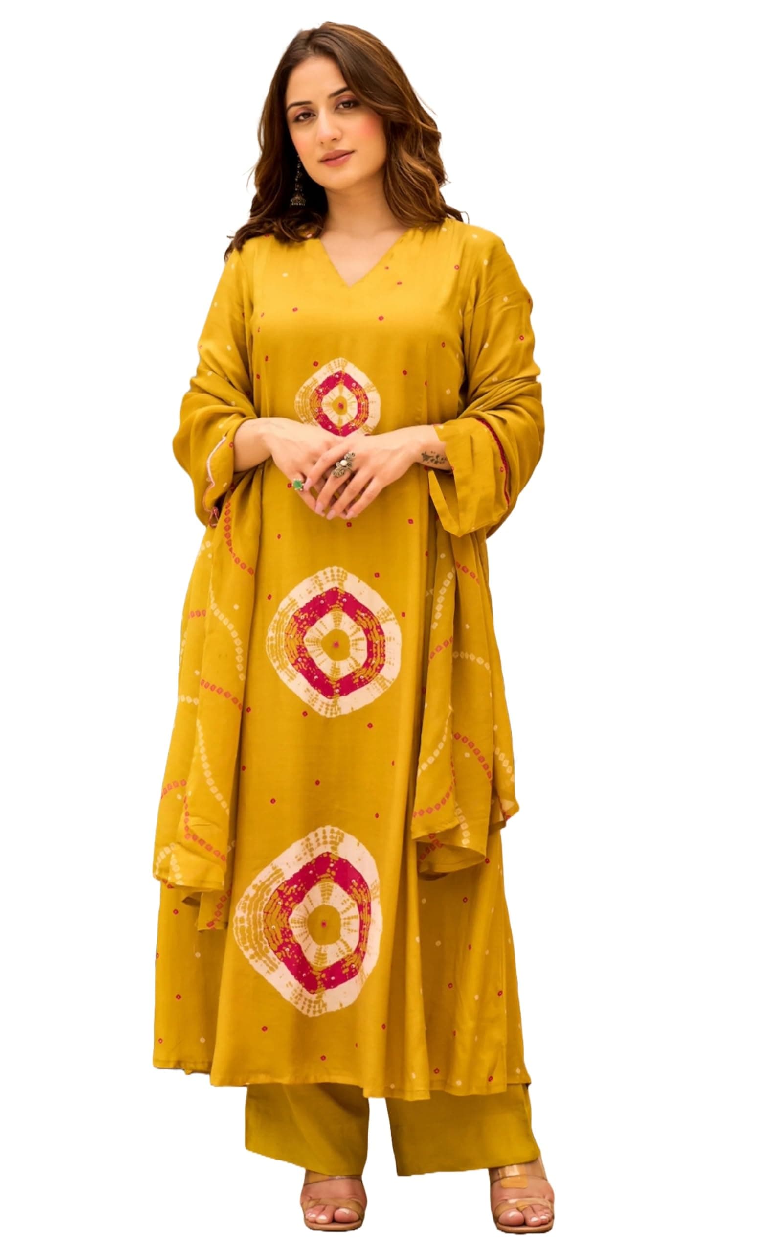 Nermosa Women Viscose Kurta Pant Dupatta Set | Summer Friendly Ethnic Suit Set for Women | V-Neck Printed Kurti with Matching Pants & Dupatta | Casual & Office Wear